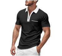 Mens Polos Shirts Short Sleeve UK Quarter Zip Golf Polos Shirts with Pocket Slim Fit Contrasting Colors Tennis T-Shirt Breathable Summer Casual Tee Tops Turn-Down Collar Pullover S-3XL Black