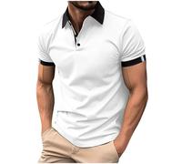 Mens Polos Shirts Short Sleeve UK Sale Clearance Color Block V Neck T Shirts Summer Cotton Tops Basic Tees Buttons Solid Shirts Regular Fit Turn-Down Collar Tshirts White