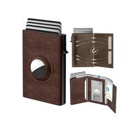 Mens Pop Up Wallet for AirTag: Premium Genuine Leather, RFID Blocking, Smart, Minimalist, 9-14 Card Capacity, ID Window, Cash Slot, Deep Brown, Simple Style