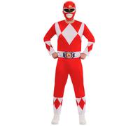 Mens POWER RANGER Mighty Morphin Fancy Dress Costume + Mask Adult Red Rangers