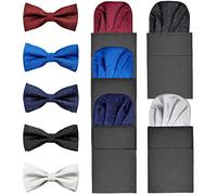 Men's Pre Folded Silk Pocket Squares Set of 5, Prefolded Handkerchief For Business Formal/Suit/Tuxedo GB-PF-H-3 (Set of 5 - Silver, Black, Royal blue, Navy, Burgundy - Bow Tie and Handkerchief)