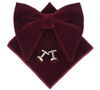 Mens Pre-Tied Oversized Velvet Bow Tie Tuxedo Handkerchief Bowtie Cufflinks Pocket Square Gift Set for Wedding (Burgundy)