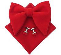 Mens Pre-Tied Oversized Velvet Bow Tie Tuxedo Handkerchief Bowtie Cufflinks Pocket Square Gift Set for Wedding (Red)