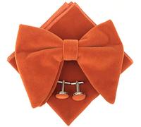 Mens Pre-Tied Oversized Velvet Bow Tie Tuxedo Handkerchief Bowtie Cufflinks Pocket Square Gift Set for Wedding (Orange)