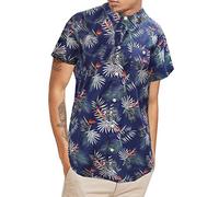 Mens Premium Fashion Hawaiian Floral Shirt Short Sleeve Casual 100% Cotton (M, Navy Tropico)