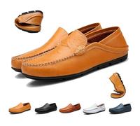 Men's Premium Genuine Leather Casual Slip on Loafers, Breathable Business Casual Men's Leather Shoes Soft Driving Fashion Slipper(Yellow Brown,10 Wide)