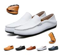 Men's Premium Genuine Leather Casual Slip on Loafers, Breathable Business Casual Men's Leather Shoes Soft Driving Moccasins Fashion Slipper (White,38 EU)