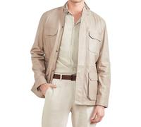 Men's Premium Genuine Leather Safari Field Jacket with Four Utility Pockets- Lightweight Outerwear for Travel., Light Beige, S
