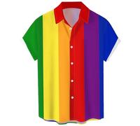Men's Pride Shirt Short Sleeve Outfits Gay Rainbow LGBT Button Up Shirt, Rainbow Stripe, Large