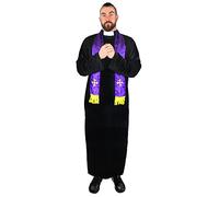 Mens Priest Costume - Small - Black Robe and Purple Clerical Scarf - Adults Halloween Fancy Dress Costume