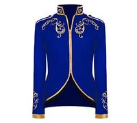 Mens Prince Charming Costume Jacket Palace Court Uniform Gold Embroidery Blazer Suit Renaissance Steampunk Vintage Smoking Jackets Medieval Tailcoat Victorian Frock Halloween Cosplay Royal Blue XL