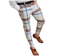 Mens Print Pencil Trousers Slim Fit, Mens Check Print Skinny Fit Trousers, Trendy And Versatile Pencil Pants Block Color Plaid Bottoms Casual Comfortable Sweatpants With Pockets For Autumn