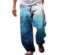 Mens Printed Beach Pants Mens Linen Trousers Loose Fit Elasticated Waist Resort Printed Casual Pants Loose Fit Straight Leg Trousers Summer Beach Matching Pant Baggy Printed Hippie Trouser