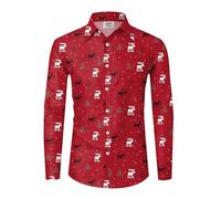 Men's Printed Christmas Shirt - Long Sleeve Fold-Down Collar Slim Fit Christmas Work Blouse Button Down Casual Christmas Funny Top for Holidays Festivals Celebrations Christmas Top, Red, S