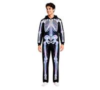 Men's Printed Futuristic Hooded Jumpsuit for Party Cosplay Modern Bodysuit Costume with Skeleton Glow Design Zip Up Piece Outfit for Halloween and Themed Events (2-Black, S)