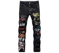 Mens Printed Patches Fashion Patchwork Skinny Distressed Fit Hole Denim Singers Dancers Jeans, Clothes for Men - black - 34