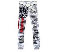 Mens Printed Patterned Stretch Skinny Biker Jeans,Men's American Flag Print Jeans Casual Straight Leg Slim-Fit Stars Graphic Plus Size Trousers White 32