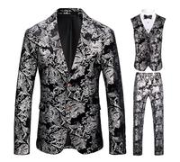 Men's Printed Set of 3 2 Buckles Slim Jacket Vest Trousers Wedding Party Paisley Suit, Colour: silver., M