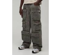 Men's Printed Washed Baggy Cargo Jeans | Grey | Size 28R | BOOHOOMAN