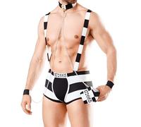 Mens Prisoner Costume Sexy Suspender Underwear Lingerie Boxer Briefs Inmate Striped Uniform Prison Jumpsuit Halloween Valentine Christmas Role Play Cosplay Bar Nightclub Stage Show Rave Party Outfit