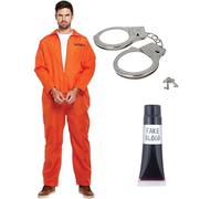 Mens Prisoner Orange Overall + Handcuffs + Fake Blood Tube - Convict Robber Burglar Prison Jail Fancy Dress Costume