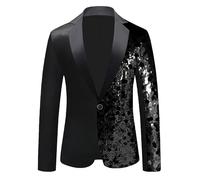 Men's Prom Sequined Blazer Color Block Sparkly Stylish Suit Jacket Unique Formal Sport Coat, Black, 44