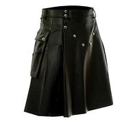 Mens PU Faux Leather Kilt Scottish Style Sport Work Utility Kilts Steampunk Gothic Scotland Pleated Tactical Skirts Irish Highland Hybrid Kilts with Pockets Black