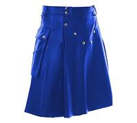 Mens PU Faux Leather Kilt Scottish Style Sport Work Utility Kilts Steampunk Gothic Scotland Pleated Tactical Skirts Irish Highland Hybrid Kilts with Pockets Blue