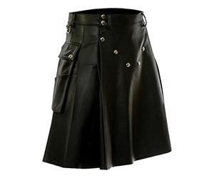 Mens PU Faux Leather Kilt Scottish Style Sport Work Utility Kilts Steampunk Gothic Scotland Pleated Tactical Skirts Irish Highland Hybrid Kilts with Pockets Black