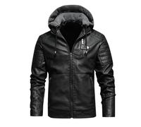 Men's PU Faux Leather Motorcycle Bomber Jacket with a Removable Hood Men's Causal Stand Collar Leather Jacket Vintage Windproof Coat Sale Clearance UK Size S-XXL