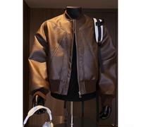 Men's PU Leather Jacket, Regular Fit Long Sleeve Casual Coat with Stand-Up Collar for Motorcycle and Punk Style, Brown or Black, Spring Fall Winter(L Brown)