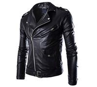 Mens PU Leather Jackets Side Zipper Motorcycle Jacket with Pocket Full Zip Up Long Sleeve 90s Vintage Coats Outerwear Chaqueta Hombre(Black, L)