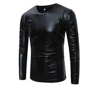Men's PU Leather Shirt Autumn Winter Plain Button Round Neck Long Sleeves Basic T-Shirt Classic Casual Regular Fit Sport Henley Shirt Warm Outdoor Casual Shirts Long Sleeve Shirt, black, L