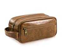 Mens PU Leather Toiletry Bag, Dark Brown Hanging Washbag Waterproof Travel Cosmetics Pouch Essential Toiletries Organizer Shaving Dopp Accessories Kit Bag for Men Fathers Day Birthday Gifts (Caramel)