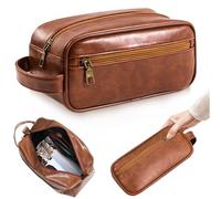 Mens PU Leather Toiletry Bag, Dark Brown Hanging Washbag Waterproof Travel Cosmetics Pouch Essential Toiletries Organizer Shaving Dopp Accessories Kit Bag for Men Fathers Day Birthday Christmas Gifts