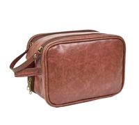 Men's Pu Leather Travel Shaving Kit with Double Zipper and Hanging Hook, Brown