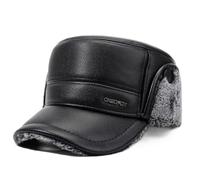 Men's PU Leather Winter Flat Cap with Ear Flaps Elderly Thicken Warm Ear Protection Peaked Cap Thermal Fleece Lined Leather Hat Outdoor Baseball Caps with Earflap Warm Trapper Hat Bomber Hats