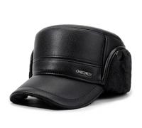 Men's PU Leather Winter Flat Cap with Ear Flaps Elderly Thicken Warm Ear Protection Peaked Cap Thermal Fleece Lined Leather Hat Outdoor Baseball Caps with Earflap Warm Trapper Hat Bomber Hats