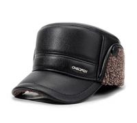 Men's PU Leather Winter Flat Cap with Ear Flaps Elderly Thicken Warm Ear Protection Peaked Cap Thermal Fleece Lined Leather Hat Outdoor Baseball Caps with Earflap Warm Trapper Hat Bomber Hats