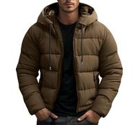 Mens Puffer Jacket Winter Warm Coats Padded Quilted Jackets Full Zip Casual Loose Short Coat Zipper Pockets Windproof Detachable Hooded Jacket Solid Color Long Sleeve Thick Outerwear