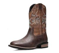 Men's Pull on Western Cowboy Boots Square Toe Mid-Calf Boots with Embroidery Stitched Flat Heel Wide Calf Country Boot,Brown,8 UK