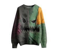 Mens Pumpkin Face Patchwork Stitched Knit Sweater 2025 Spooky Halloween Costumes Sweatshirt Holiday Pullover Tops(Green, XXXXL)