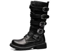 Men's Punk Rock Motorcycle Boots Retro Metal Buckle Mid-Calf Boots Lace Up Military Boots Lace-up Soft Synthetic Leather Strong Outsole,Black,46