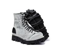 Men's Punk Vintage Round Toe Low Heel Ankle Boots, Mid Calf Thick Soles Lace Up Riding Leather Motorcycle Boots(Grey Cotton,10)