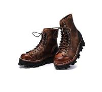 Men's Punk Vintage Round Toe Low Heel Ankle Boots, Mid Calf Thick Soles Lace Up Riding Leather Motorcycle Boots(Brown Velvet,5.5)