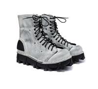 Men's Punk Vintage Round Toe Low Heel Ankle Boots, Mid Calf Thick Soles Lace Up Riding Leather Motorcycle Boots(Grey Velvet,5)