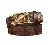 Mens Pure Leather Ratchet Embossed Belt with 3D Dragon Automatic Buckle Adjustable Western Cowboy Waist Strap,Coffee,130cm/waist:44"~46"