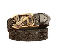 Mens Pure Leather Ratchet Embossed Belt with 3D Dragon Automatic Buckle Adjustable Western Cowboy Waist Strap,Black,115cm/waist:38"~40"