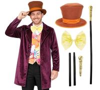 Mens Purple Chocolate Factory Boss Costume with Gold Cane, Book Day Outfit | Purple coat, candy waistcoat, bow tie, top hat and gold cane all included, sizes XS-XL, Roald Dahl Day ready