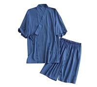 Men's Pyjama Set Bathrobe 2023 Kimono Short Sleeve Shorts Pyjamas Plus Size Men's Summer Thin Sweat Japanese Home Wear, blue, L